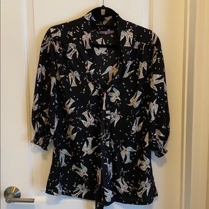 Multicolored bird front tie blouse